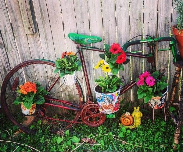 Upcycled old bike garden feature